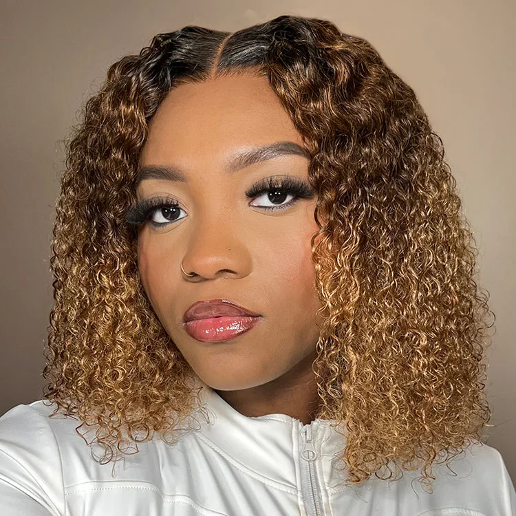 Short bob wig purple-1 SEC INSTALL WIG | Sun-kissed Ombre Blonde Kinky Curly Glueless 5x5 Clouse Pre-Cut Lace Shoulder Length Wig