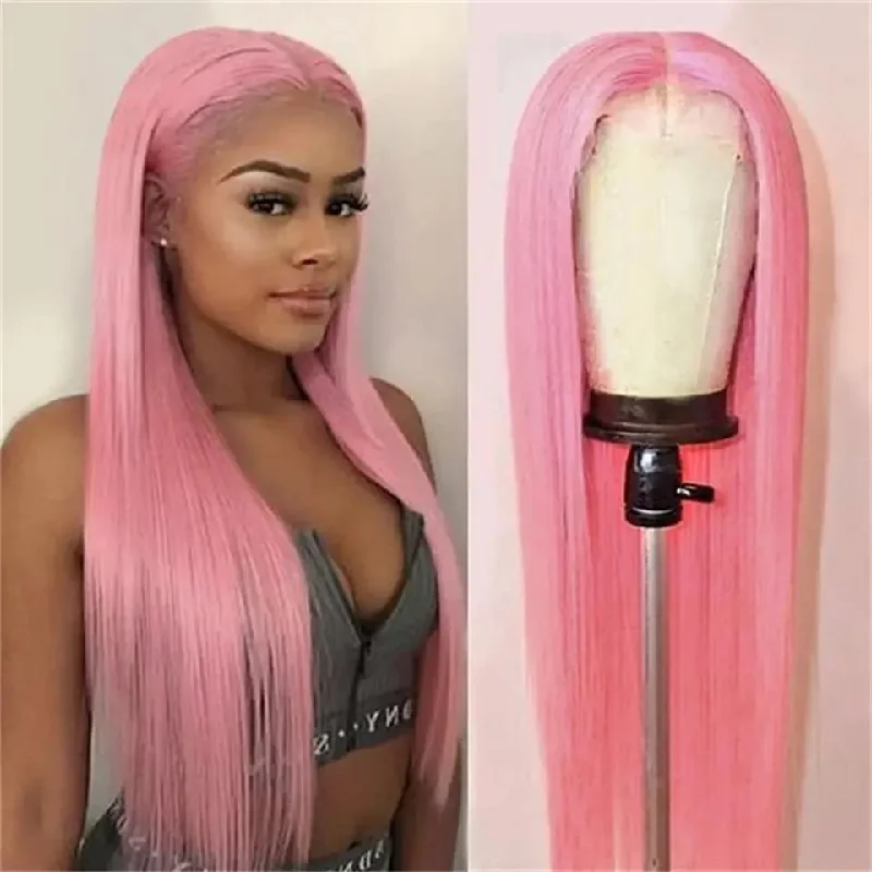 Short black wig wavy-13x4 Pink Straight Lace Front Wigs