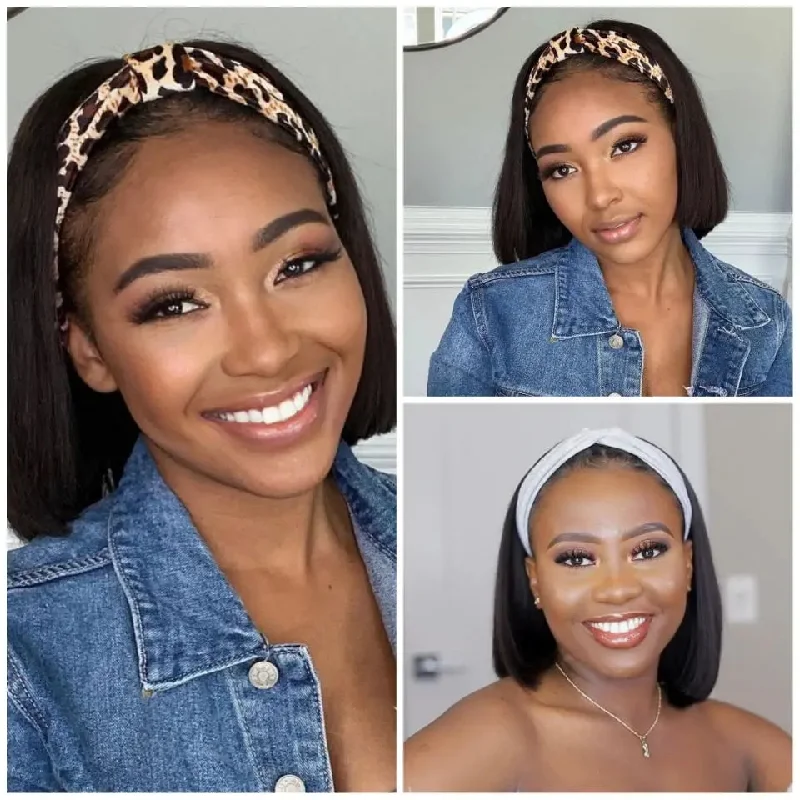 Wig for low maintenance-Bob Wig With Bangs Straight Headband