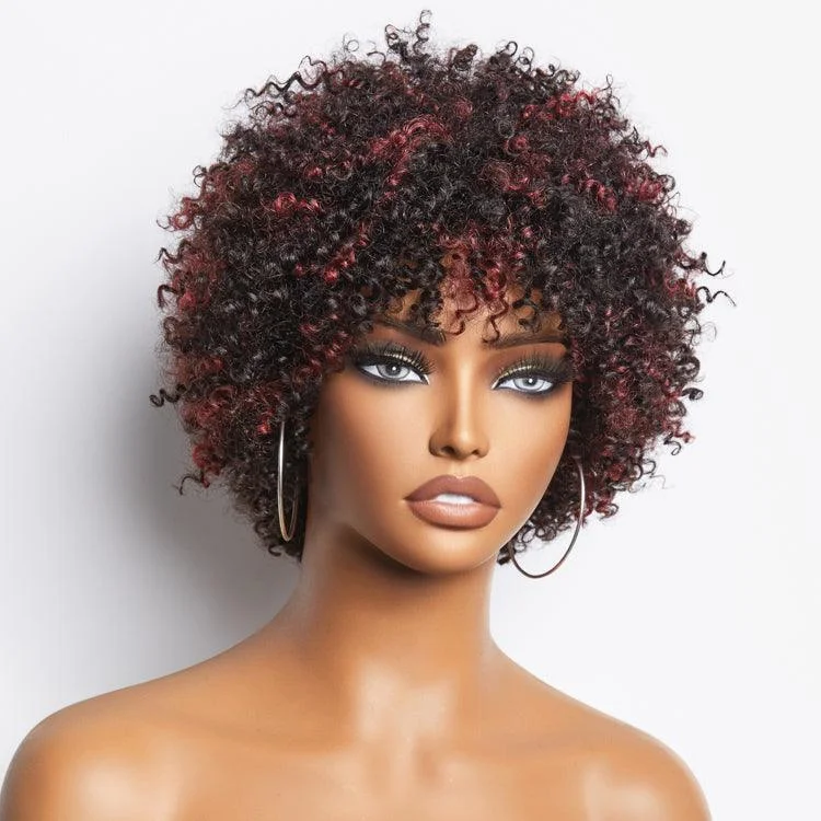 Short gray wig curly-Dark Red / Blonde Highlights / Natural Black Afro Curls Glueless Ready to Go Wig Beginner Friendly