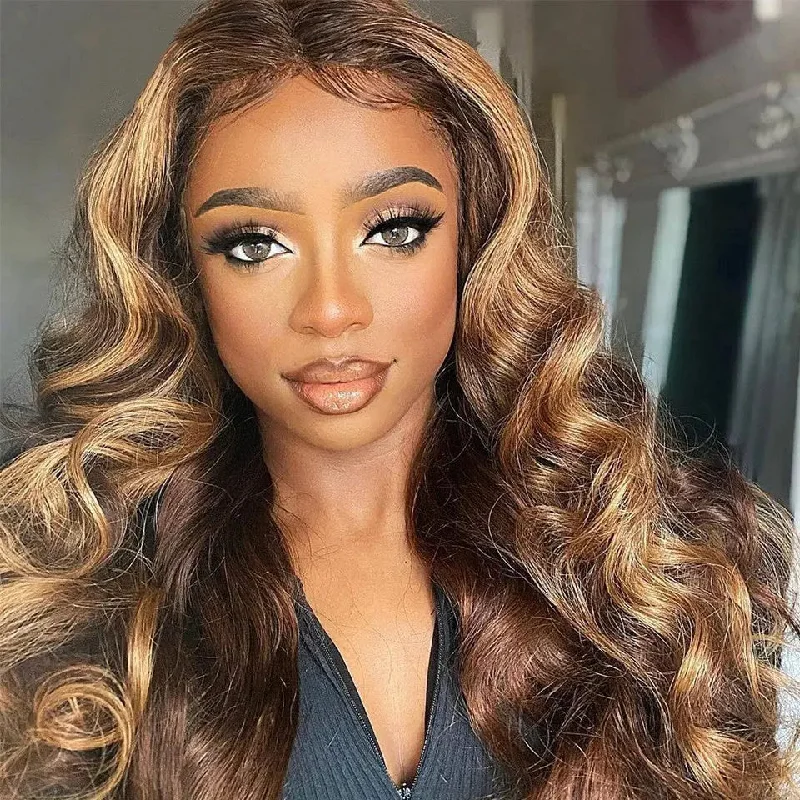 Top-rated wig retailers-Factory Price Highlight Color Wigs 10-30 Inch Body Wave 13x6 Transparent Swiss Lace Frontal Wig