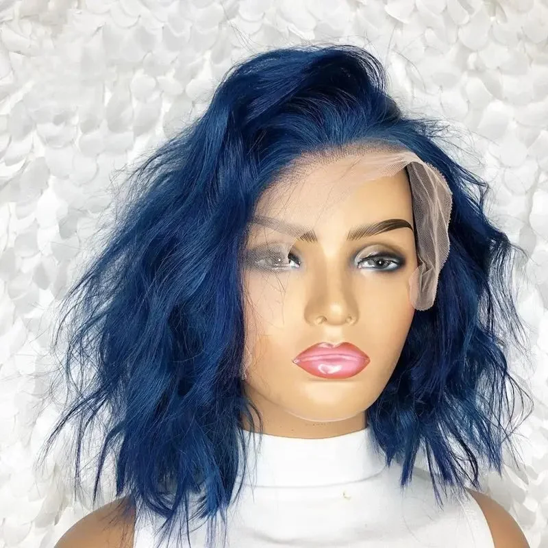 Wig for sharp style-Glueless Pre Plucked Dark Blue Water Wave Short Bob Virgin Cuticle Aligned Hair Brazilian Lace Front Wigs