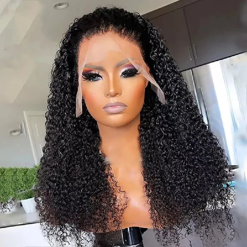 Wig for vivid hues-High Density Natural Black Color Kinky Curly Wig Pre Plucked Cuticle Aligned Brazilian Lace Front Wigs