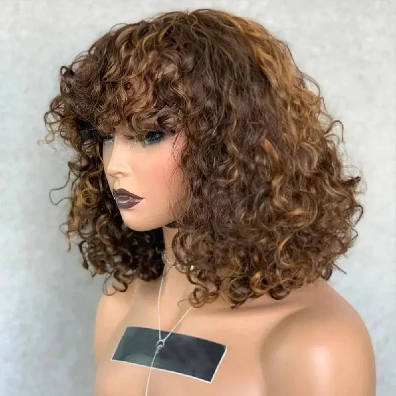 Long straight wig brown-Highlights Brown Deep Loose Wave Bob Wig with Bangs Lace Front Wigs for Black Women