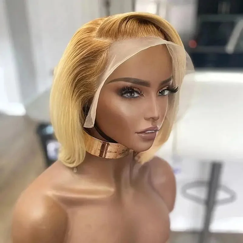 Wig for tidy finish-Honey Blonde Short Bob Dark Brown Root Cuticle Aligned Glueless Virgin Hair 13*4 Lace Frontal Wigs