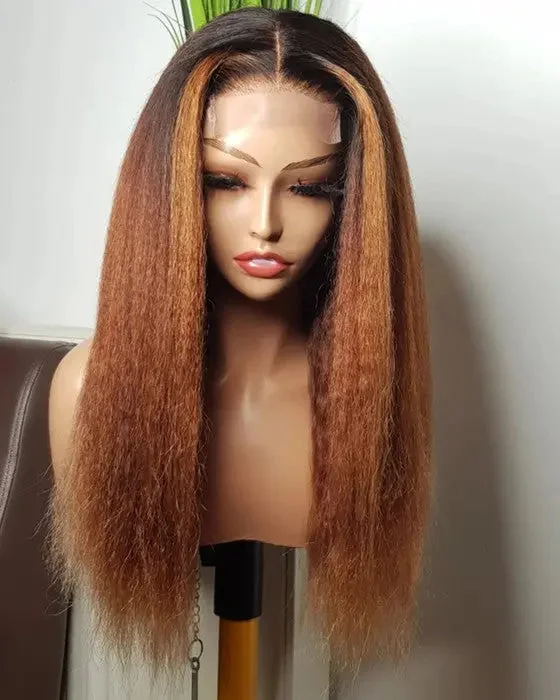 Wig for full texture-Hot Selling Ombre Brown Long Kinky Straight Wigs Cuticle Aligned Virgin Hair 13*4 Lace Front Wigs