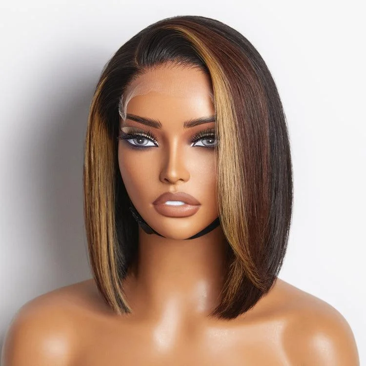 Wig for neat look-Limited Design | Brown Blonde Combo Highlight Straight Glueless 5x5 Closure HD Lace Bob Wig | Large & Small Cap Size