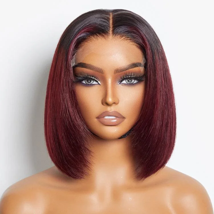 Medium curly wig blonde-Limited Design | Ombre Dark Red Silky Layered Cut Glueless 5x5 Closure HD Lace Short Bob Wig