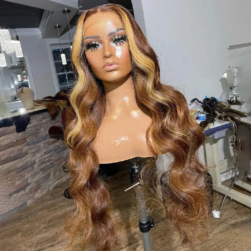 Wig for lively look-New Design Long Wavy Highlights Honey Brown Wigs Virgin Cuticle Aligned Hair 13*4 Lace front Wigs for Black Women