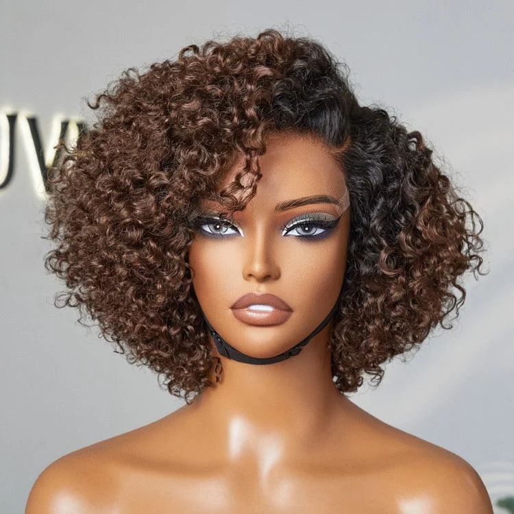 Lace wig for travel-Ombre Brown Fluffy Kinky Curl Glueless Minimalist HD Lace Wig Ready to Go