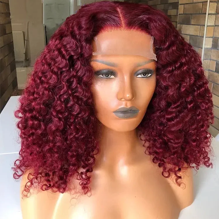 Curly wig for teens-Popularity 99J Burgundy Color Kinky Curly Bob Double Drawn Cuticle Aligned Virgin Hair Lace Front Wigs For Black Women