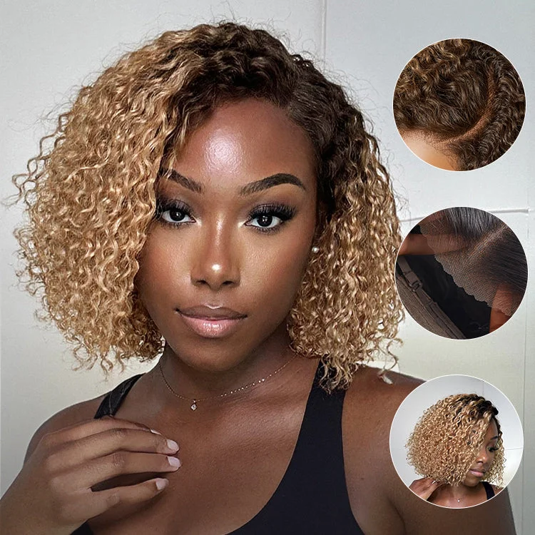 Synthetic wig for outdoors-Put On & Go Ombre Ash Blonde Kinky Curly Glueless Minimalist HD Lace Wig Pre-Cut Lace