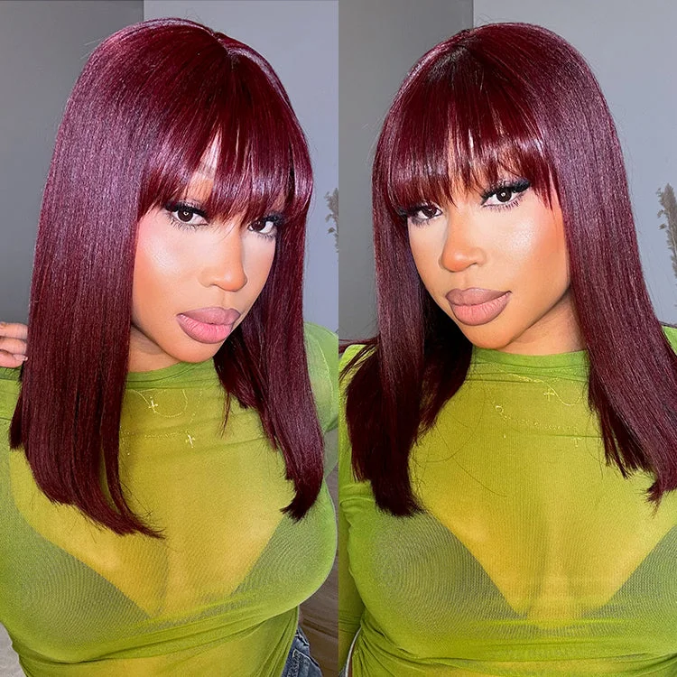 Medium length wig brown-Reddish Purple Realistic Glueless Yaki Straight Bob with Bangs Minimalist Lace Bob Wig Put on & Go