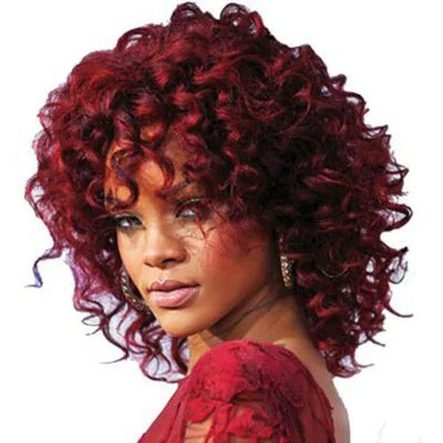 Wig for office wear-Rihanna Short Curly Red Wigs For Women 180% density virgin hair lace front Bob Wigs with fringe bang Burgundy Perruque