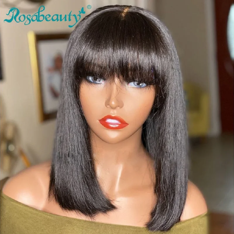 Lace wig for fall-Rosabeauty Natural Brazilian Bob Wig Straight Hair Dark Colored With Bangs  Full Machine Made For Black Women