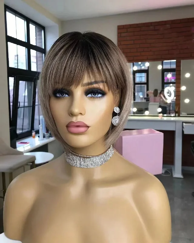 Wig for dense hair-Short Bob Wigs European Hair Ash Brown Silky Straight 13*4 Lace Front Wigs for Women