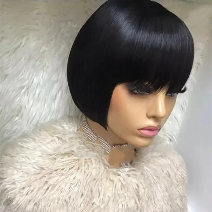 Long wavy wig gray-Short Bob Wigs Natural Black Color Silky Straight Peruvian Hair None Lace Wigs for Black Women