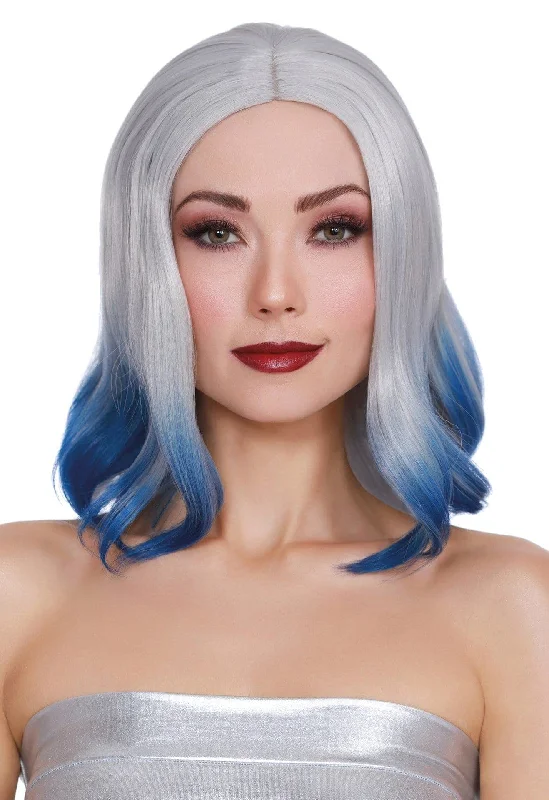 Synthetic wig for fall-Shoulder Lenth Wig With Bangs and Bottom Curl Silver and Blue