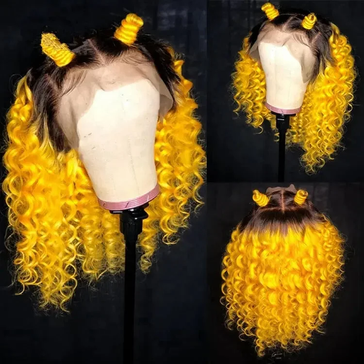 Lace wig for spring-Ombre Yellow Red Blue Color Curly Bob Wigs