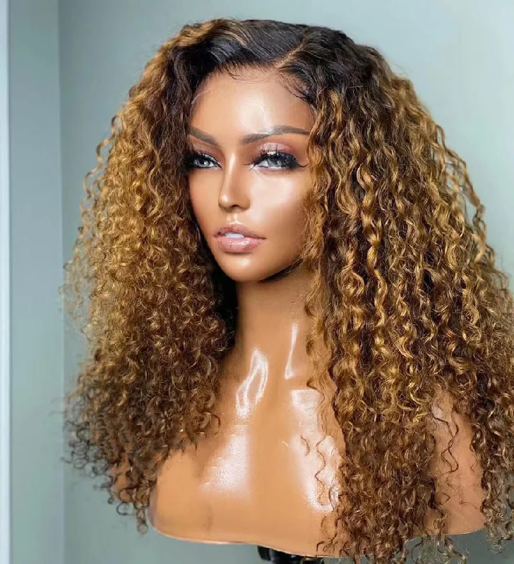 Wig for pear face-Wholesale Afro Wave  Highlight Brown Color Raw Peruvian Hair 13*4 Lace Front Wigs for Black Women