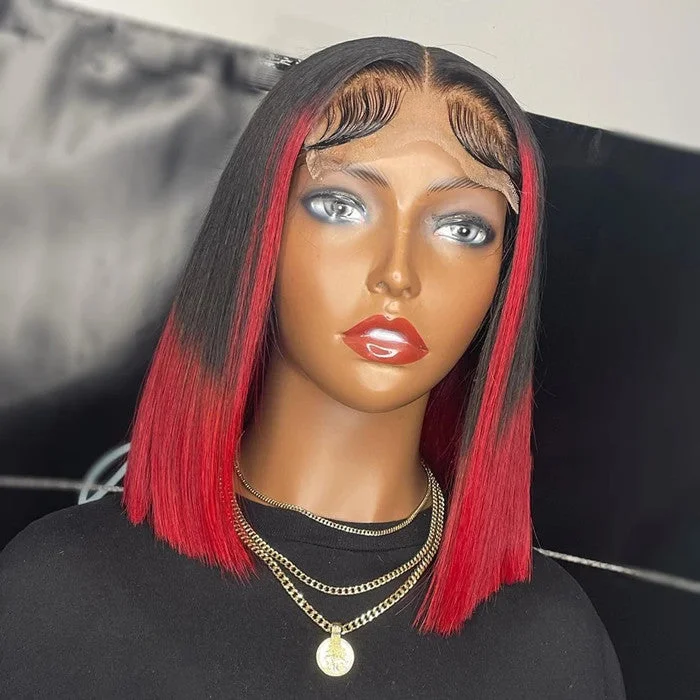 Lace wig for spring-Wholesale Color Bob Wigs Red/Black Silky Straight HD Transparent Lace Front Wigs for Black Women