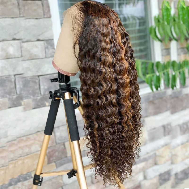 Wig for soft curls-Wholesale Deep Curly Highlight Brown Color Raw Peruvian Hair 13*4 Lace Front Wigs for Black Women