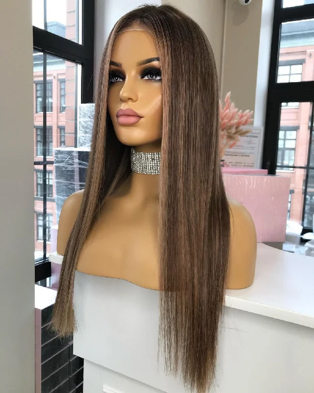 Wig tools for beginners-Wholesale Highlight Brown Silky Straight Natural Raw Indian Hair 13*4 Lace Front Wigs for Women