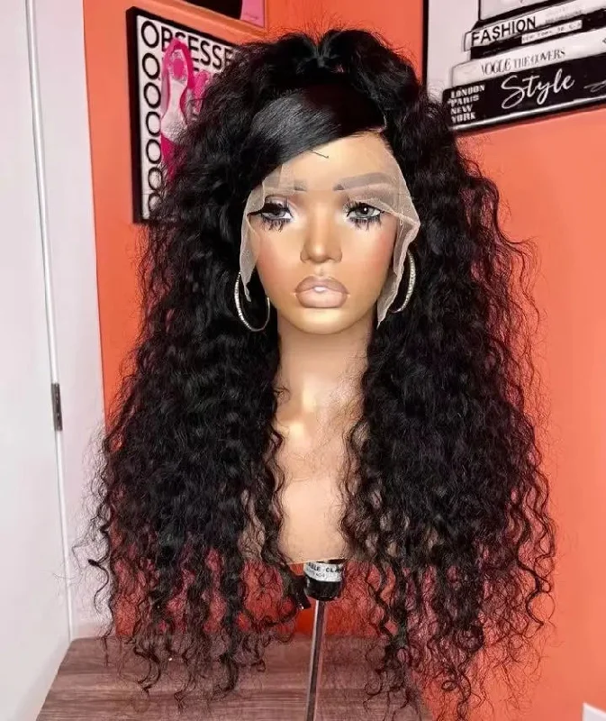 Blue curly wig long-Wholesale Pre Plucked Brazilian Unprocessed Hair Deep Wave Lace Front Wigs for Black Women