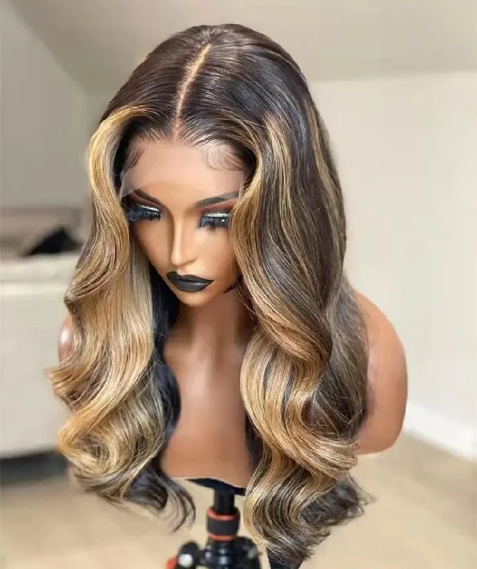 Wig for casual wear-Wholesale Wavy Highlight Brown Virgin Cuticle Aligned Hair 13*4 Lace front Wigs for Black Women