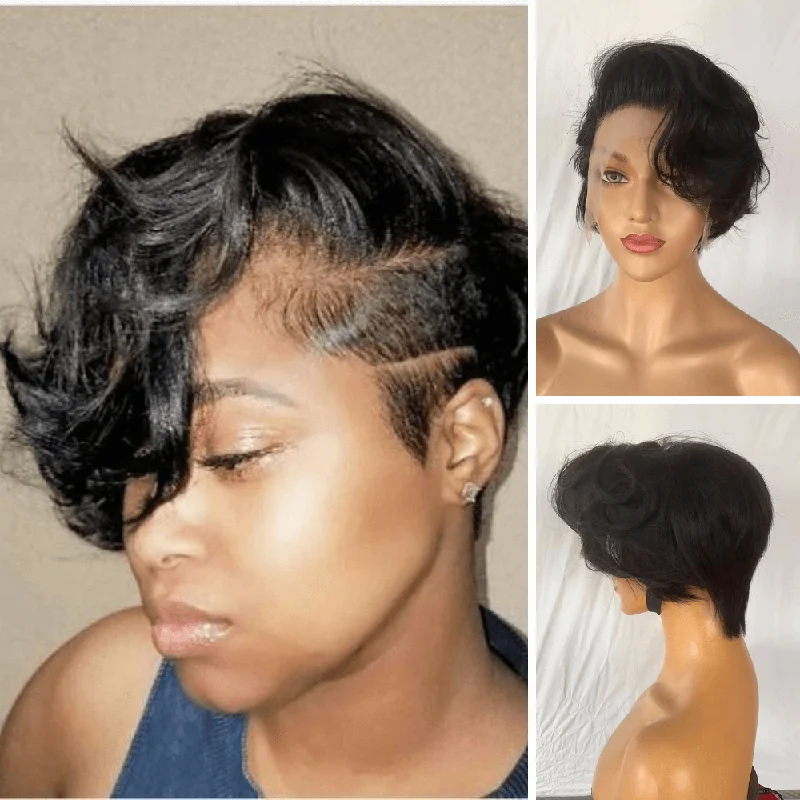 real person hair ring festive design-100% Human Hair Short Pixie Wigs with Side Part Bangs for African American