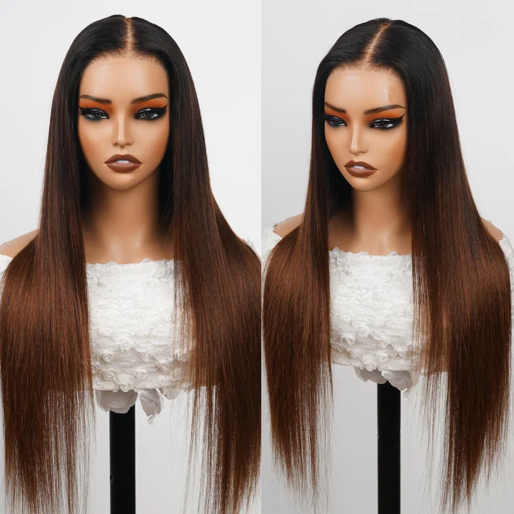 real person hair ring winter offer-24H Fast Shipping Glueless Dark Root  Ombre Brown Lace Front Straight Wig 100% Human Hair - Clear Transparent Lace Front/Closure Human Hair Wig- Amanda Hair