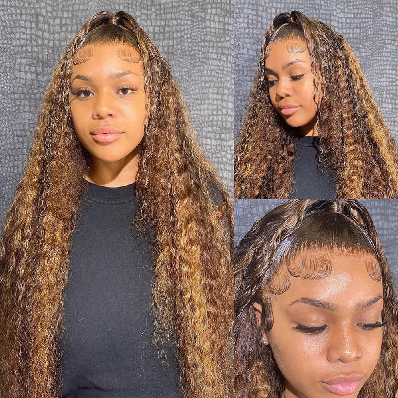 real person hair ring flower girl-#4/27 Highlight Piano Fall Color 13x4 Curly Deep Wave Lace Front Human Hair Wigs