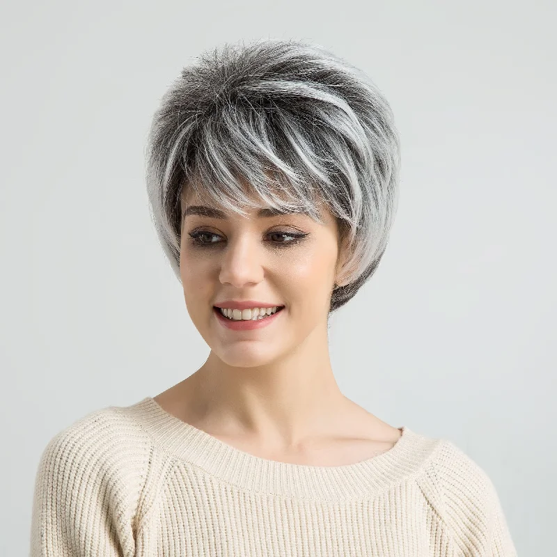 Synthetic wigs for trendy look-8inch Short Pixie Cut Grandma's Grey Heat Resistant Fiber Synthetic Wig