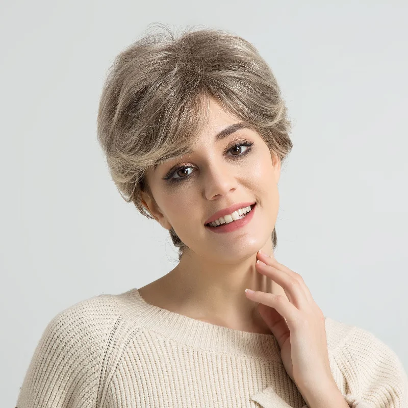 Synthetic wigs for clearance sale-8inch Short Pixie Cut Grey Base With Lighter Silver highlights Heat Resistant Fiber Synthetic Wig