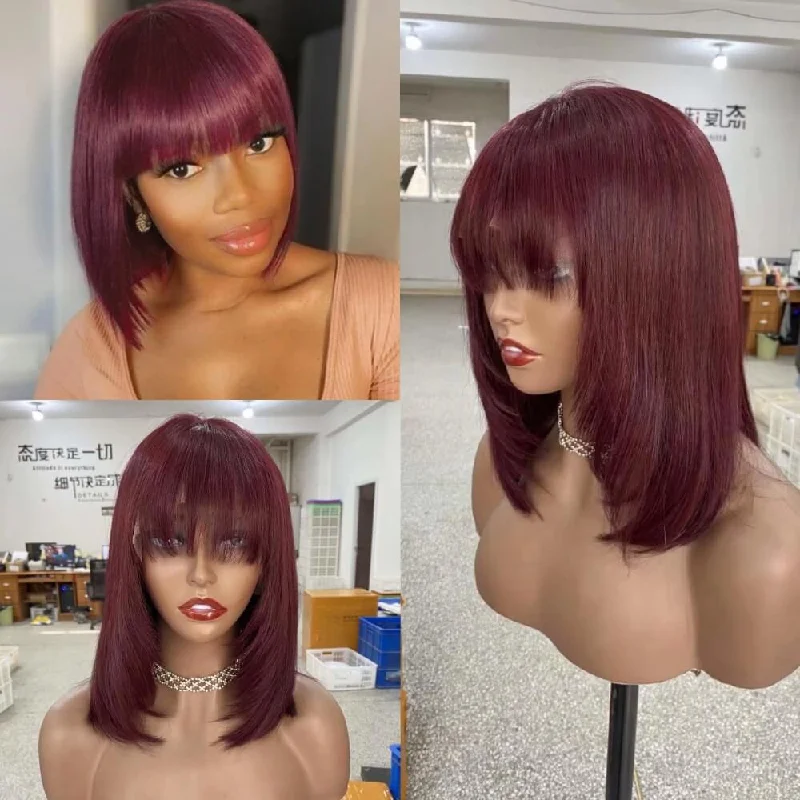 real person hair ring heartfelt gift-99J Color Human Hair Bob Wig with Bangs Lace Frontal for African American