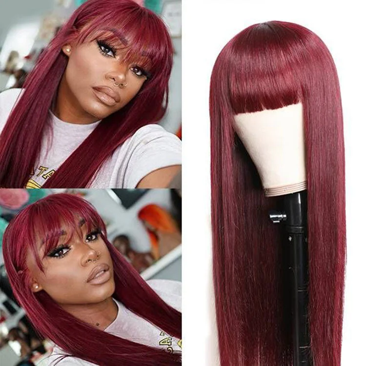 real person hair ring core accessory-#99J Color Straight Wig With Bangs Human Virgin Hair 180% Density Bang wig