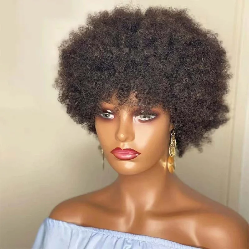 real person hair ring official product-Afro Human Hair Wig Short Kinky Curly Wig For African American