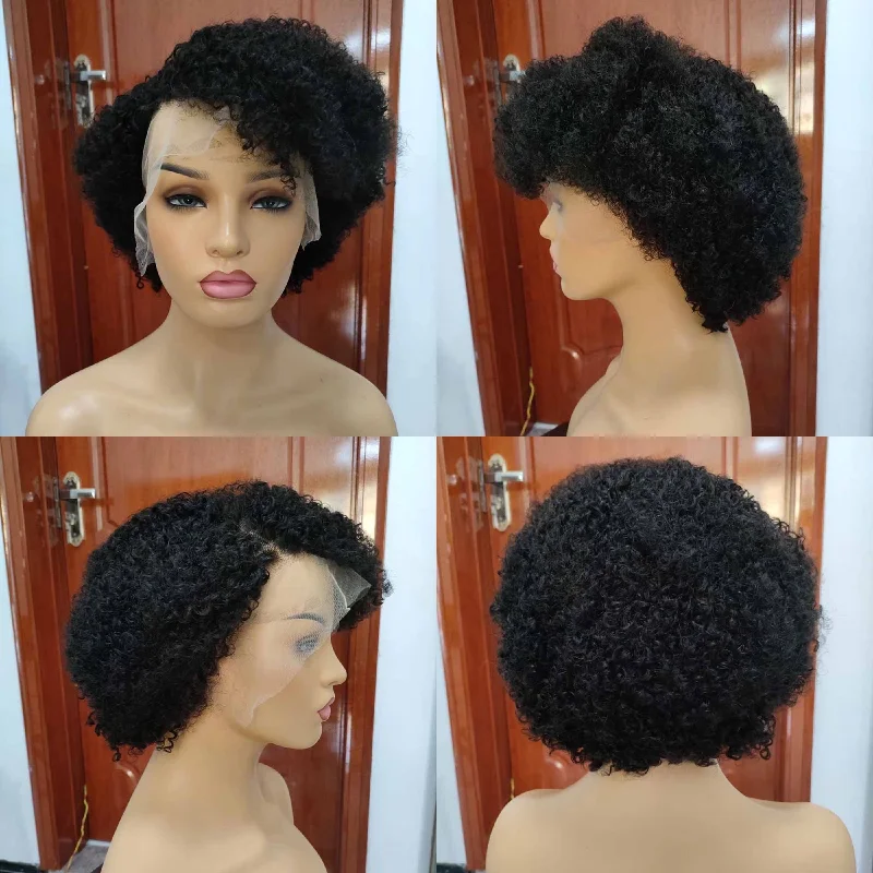 real person hair ring premium quality-Afro Kinky Curly Pixie Cut Wig Human Hair 13x4 Lace Frontal Wig for Black Women