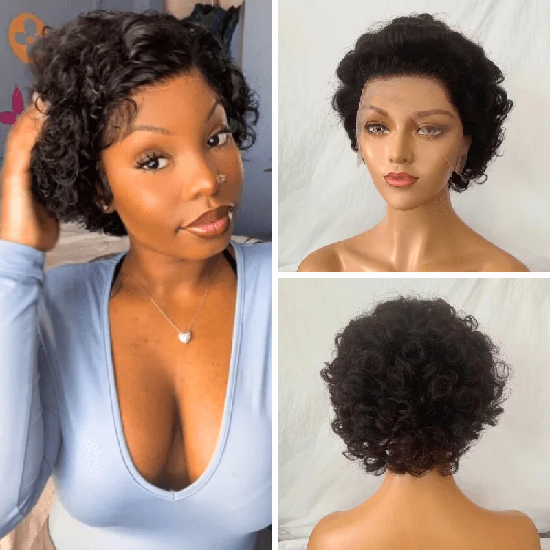 real person hair ring signed piece-Black Curly Pixie Cut Lace Front Wig Human Hair for Black Women