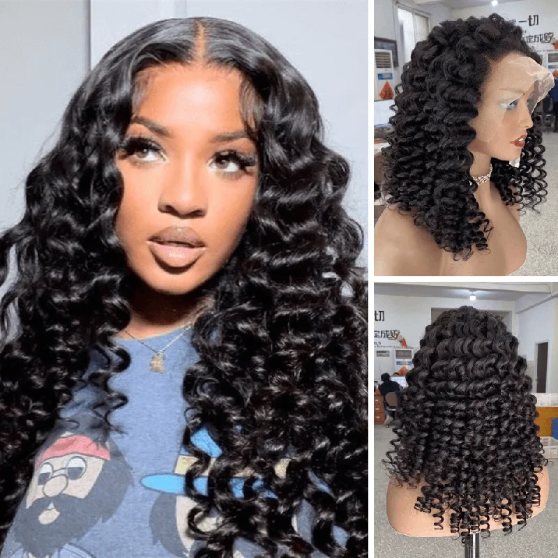 real person hair ring enthusiast pick-Black Kinky Curl Human Hair Lace frontal Wig 250% Density for African American