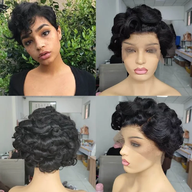 real person hair ring shimmering style-Black Loose Wave Pixie Cut Wig Lace Front Human Hair for Black Women