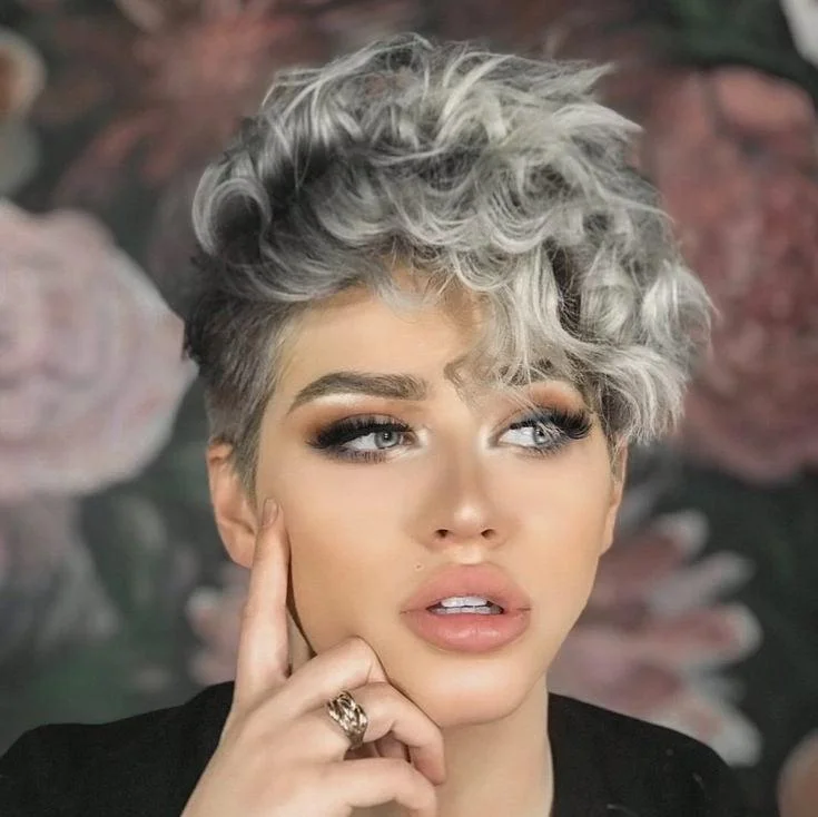 real person hair ring parent present-Black Ombre Gray Curly Pixie Cut Wig Human Hair Lace Frontal Wig