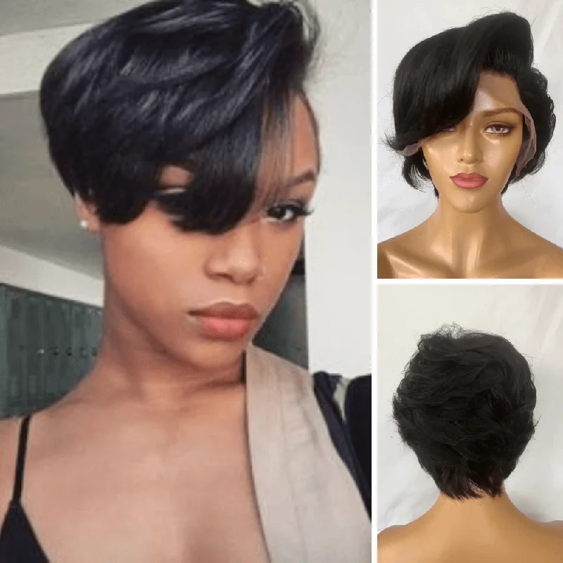 real person hair ring discussion thread-Black Pixie Cut Human Hair Lace Wig Wavy with Side Part Bangs