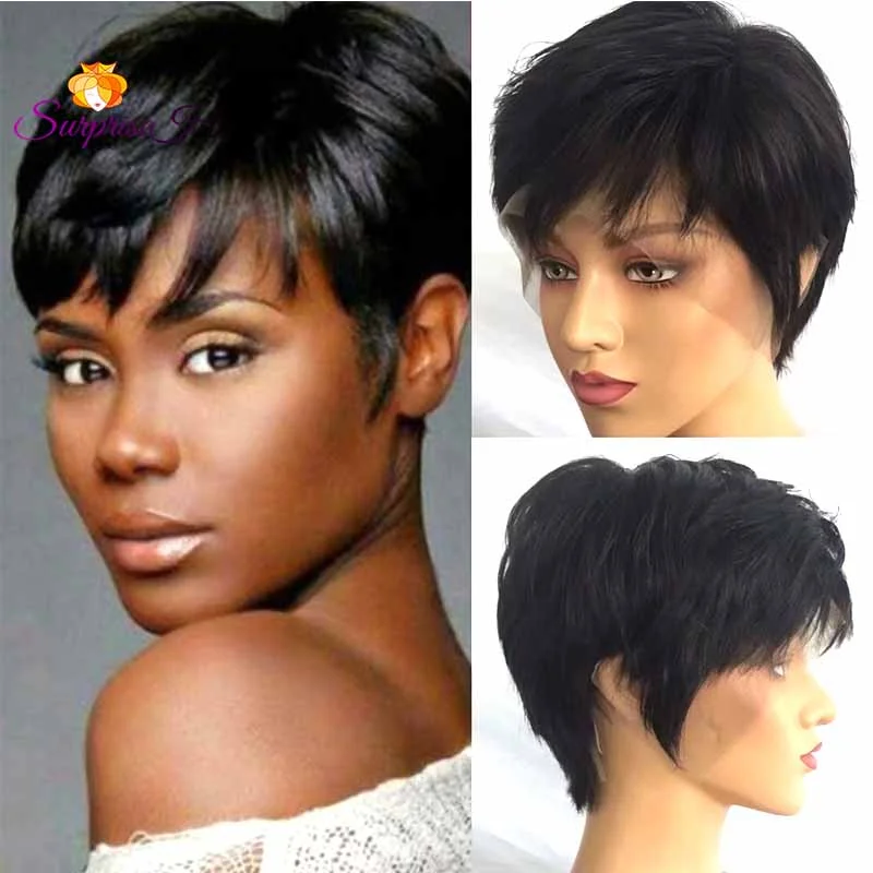 real person hair ring sparkling finish-Short black pixie cut lace frontal wig human hair for African American