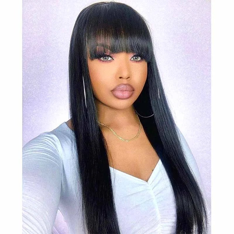 real person hair ring bulk discount-Black Straight Lace frontal Wigs with Bangs Human Hair for Black Women