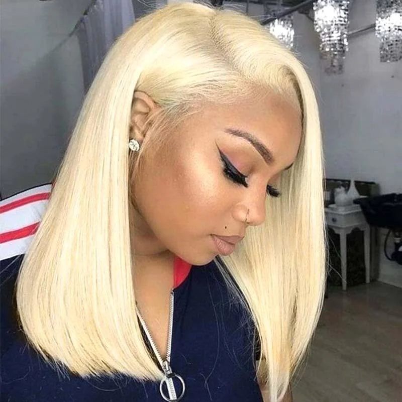 real person hair ring maker discount-Blonde BOB Lace Wig Human Hair Side Part Short #613 Lace Frontal Wig