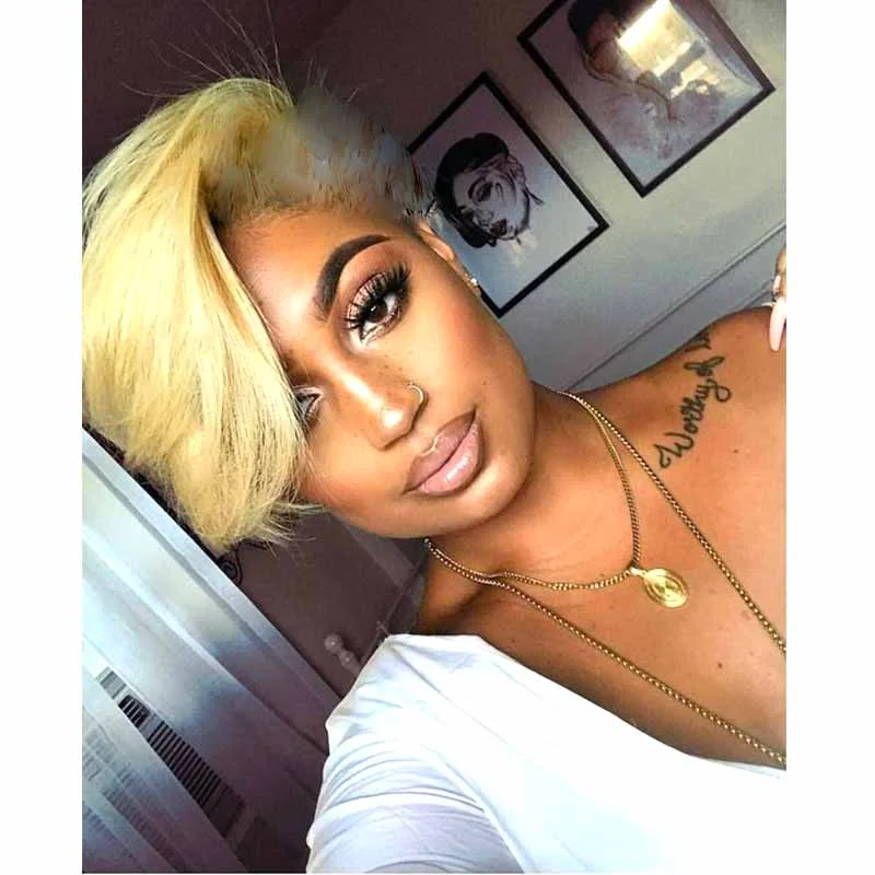 real person hair ring affordable luxury-Blonde BOB Pixie Cut Wig Full Lace Human Hair Short Wig