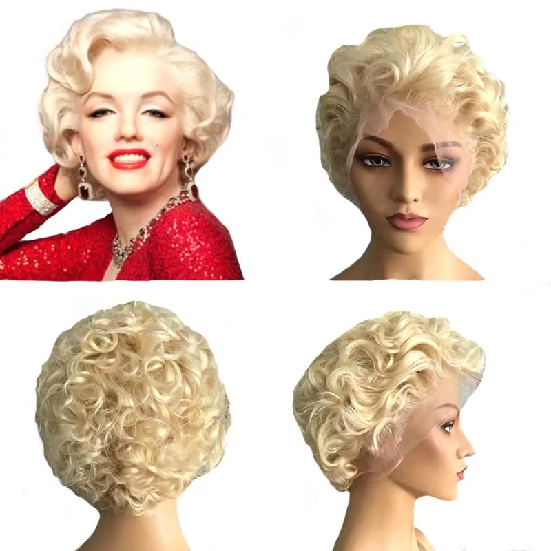 real person hair ring retail offer-Blonde Curly Pixie Cut Wig 13x4 Lace Human Hair Short Lace Frontal Wig