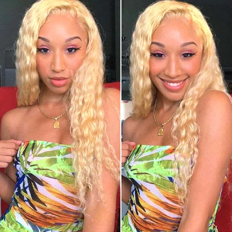 real person hair ring birthday surprise-Blonde Deep Wave 4x4 Lace Closure Wig Human Hair #613  Surprisehair