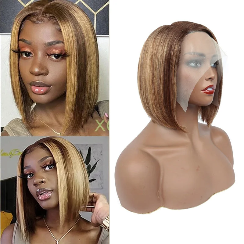 real person hair ring loyalty gift-Blonde Highlight Bob Wig Lace Frontal Human Hair for Black Women